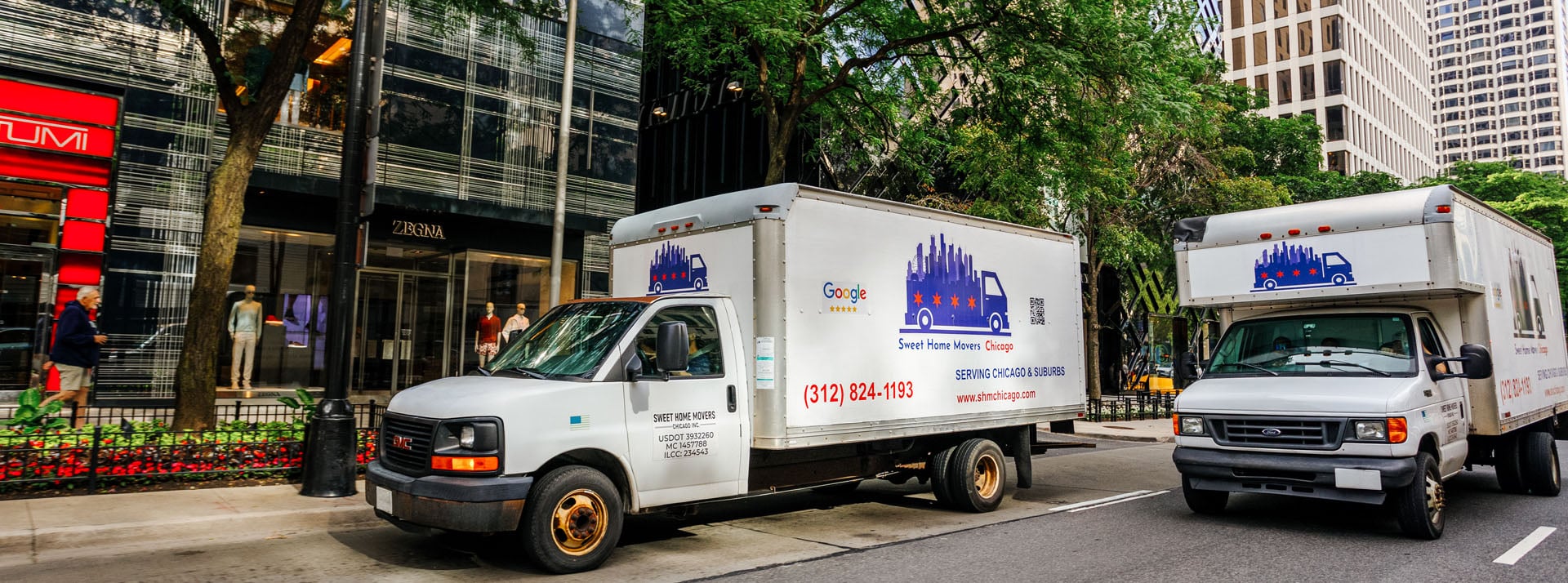 Moving trucks on Chicago city street